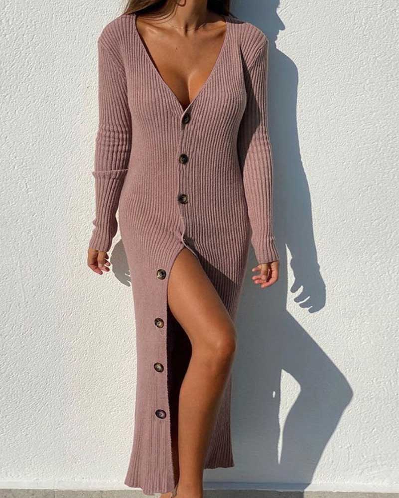 Knit Button Long Sleeve Cardigan Dress