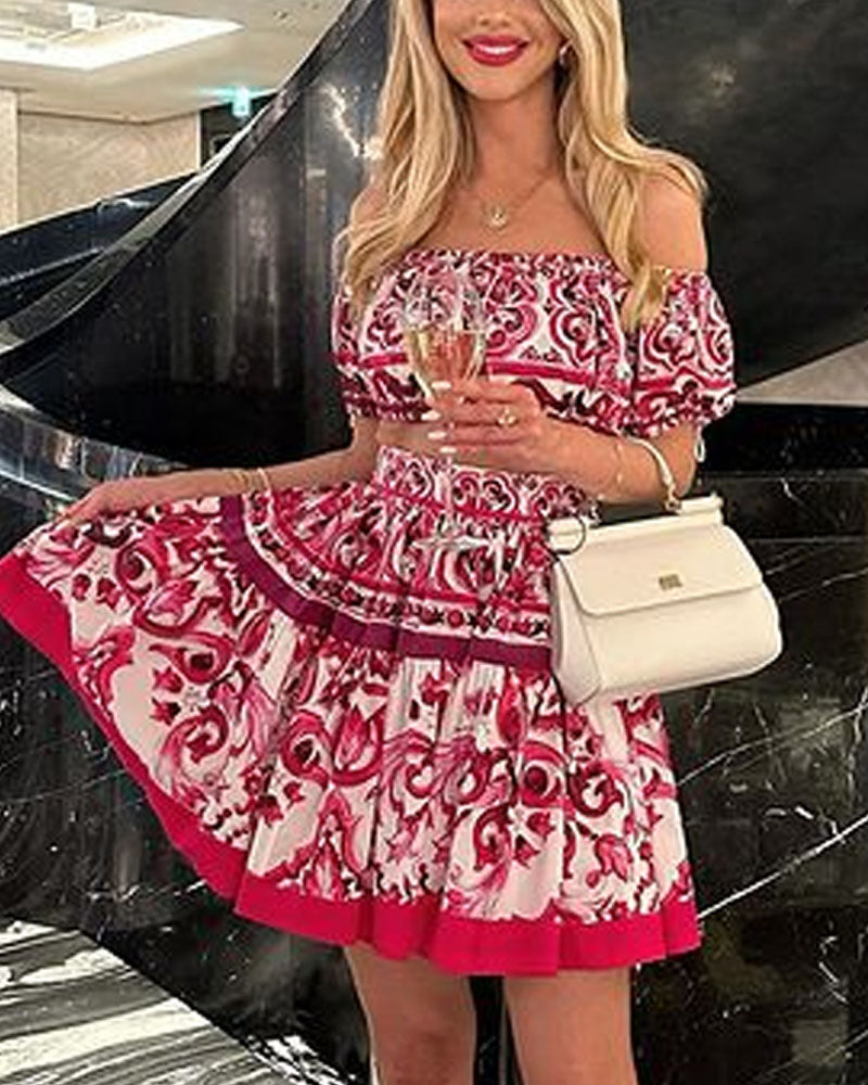 Fashion Print One-shoulder Top & Skirt Two-piece Set