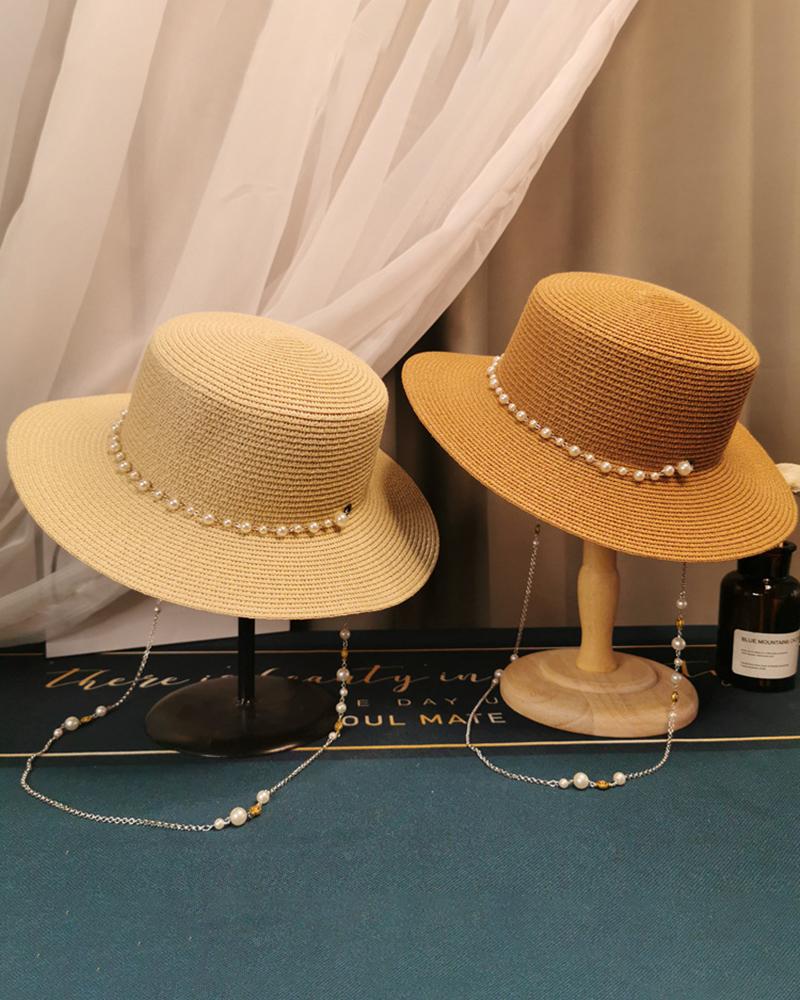 Elegant Straw Hat with Vintage Pearl Chain