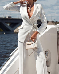 Solid Color Deep V Strap Suit Jacket & Casual Suit Pants Suit