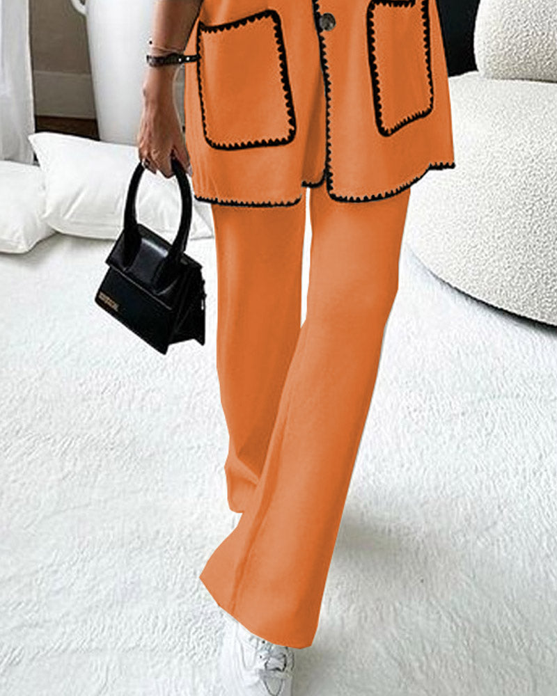 Solid Color Line Decorated Knitted Top & Casual Pants Two-piece Set