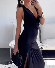 Solid Color Halterneck Deep V Pleated Slit Dress