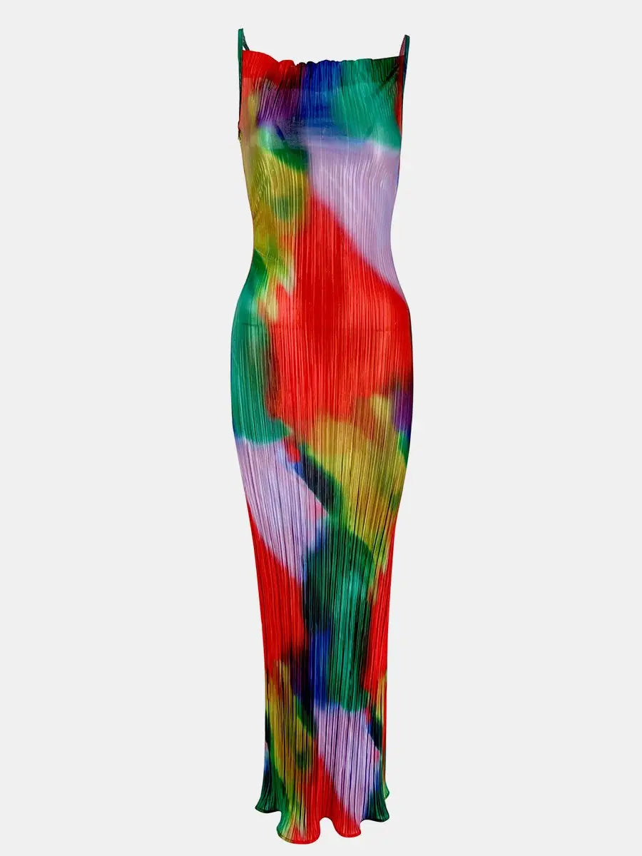 Pleated Cami Slim Fit Tie-Dye Maxi Dress