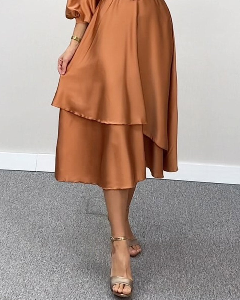 Solid Color V-neck Multi-layer Skirt Dress