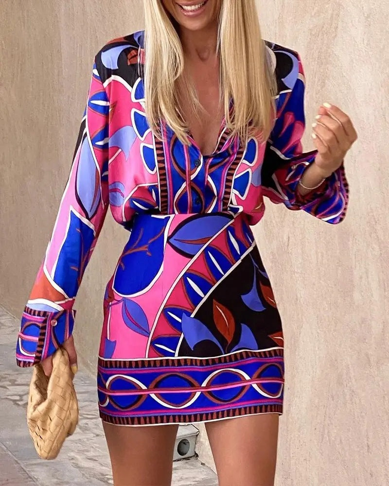 Fashion Print Long Sleeve Shirt & Skirt Two Piece Set