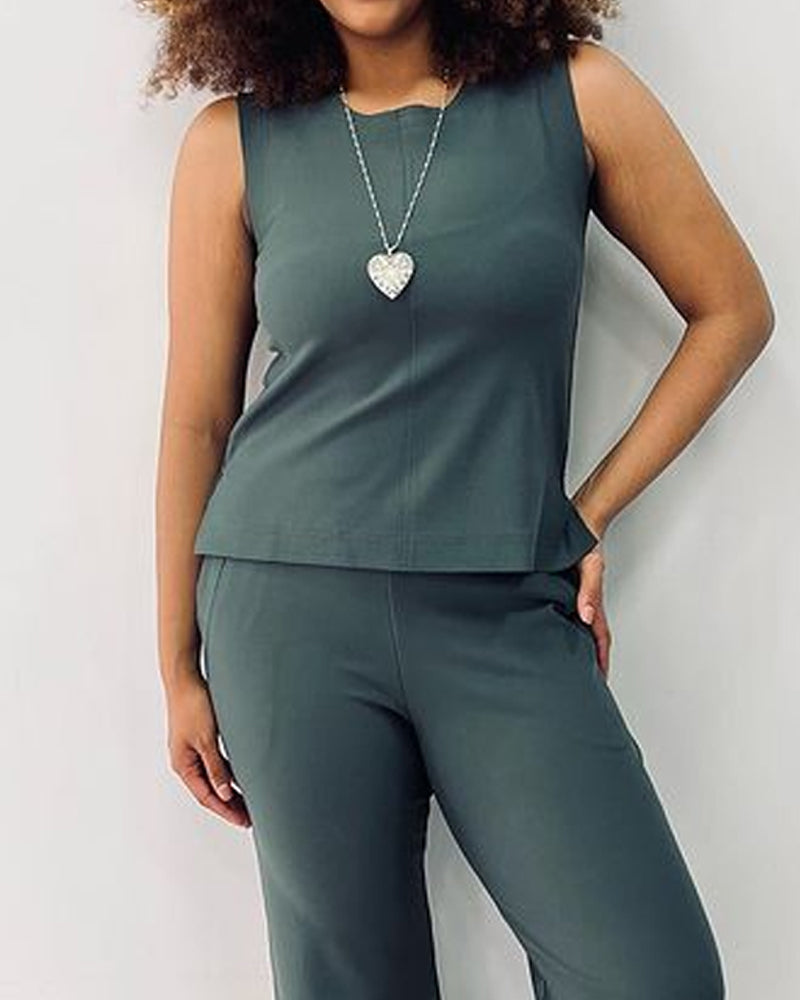 Casual Sleeveless Top & Slit Pants Two-piece Set