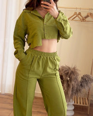 Solid Color Irregular Crop Top & High-waisted Casual Pants Two-piece Set