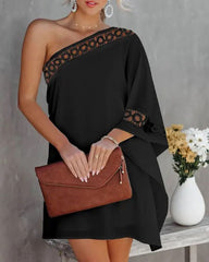 Off-shoulder solid color mosaic lace mid-length loose dress