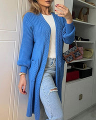 Solid Color Knitted Pocket Casual Cardigan