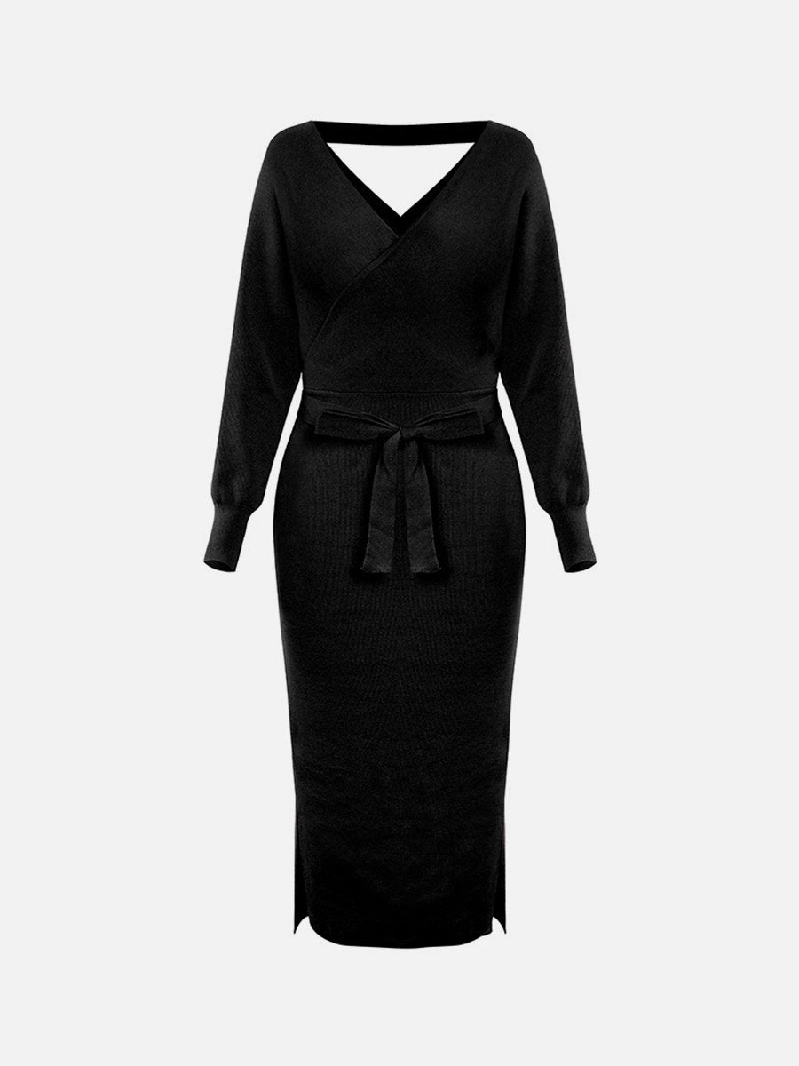 Knitted Dress Slim V neck Sweater Dress