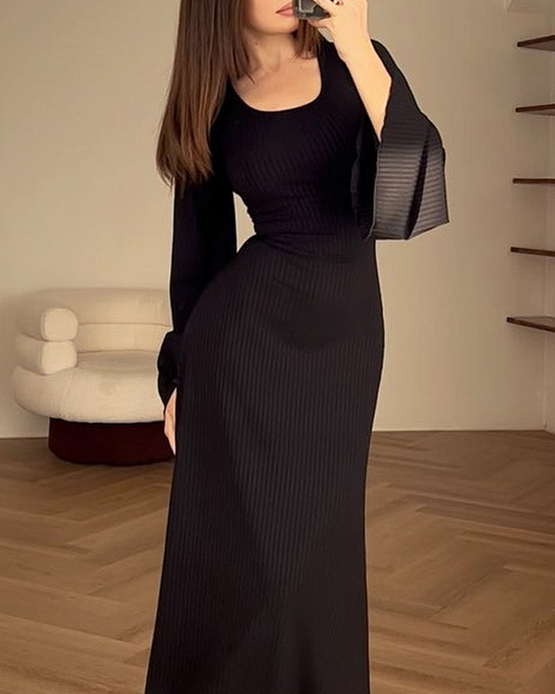 Solid Color Round Neck Slim Fit Bell Sleeve Knitted Dress