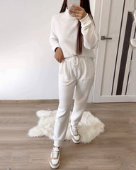 Solid Color Turtleneck Top & Casual Pants Two-piece Set