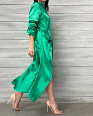 Lapel Tie Satin Long Sleeve Dress