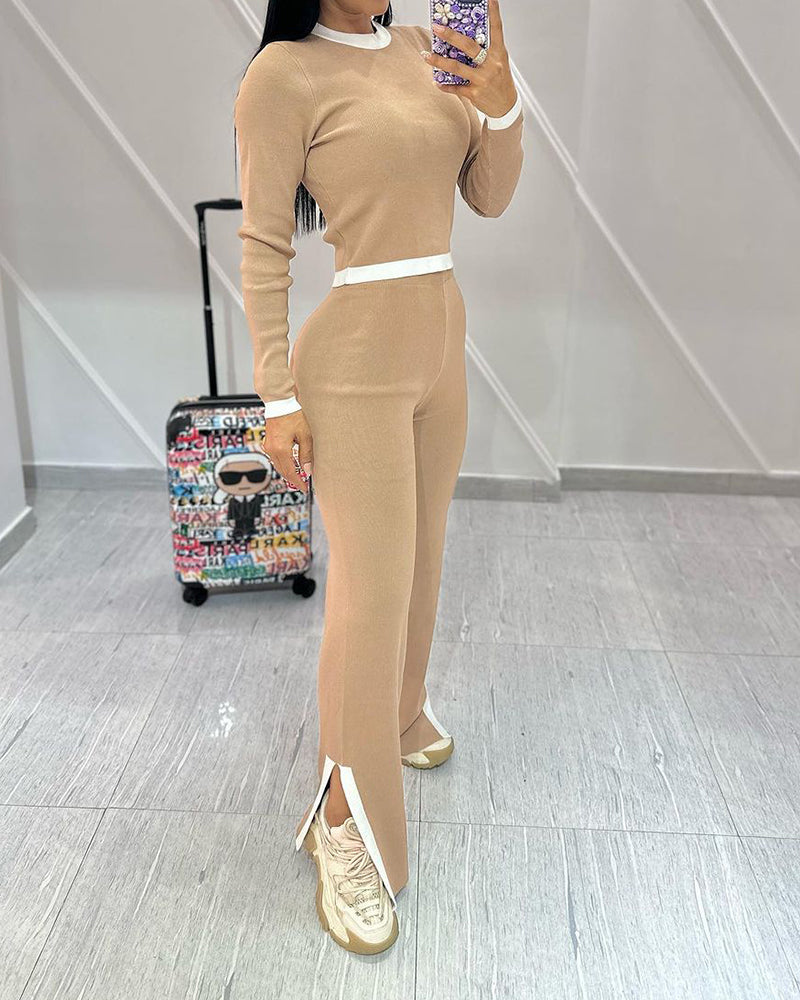 Round Neck Long Sleeve Patchwork Top and Pants Two-piece Suit