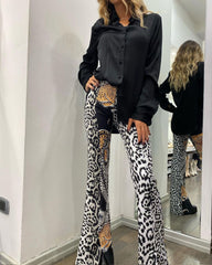 Lapel Long Sleeve Shirt Top & Printed Flared Pants Two Piece Set