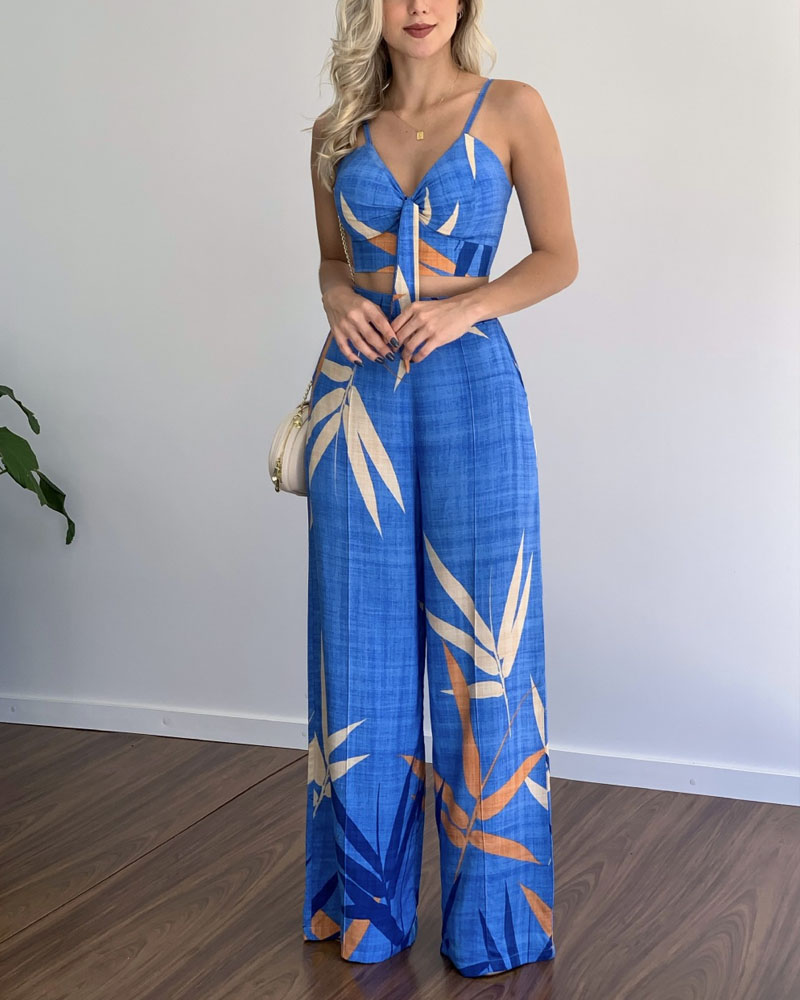 V-Neck Cropped Tank Top & Printed Wide-Leg Pants Two-Piece Set