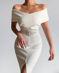 Elegant commuting simple off-the-shoulder belt slit dress