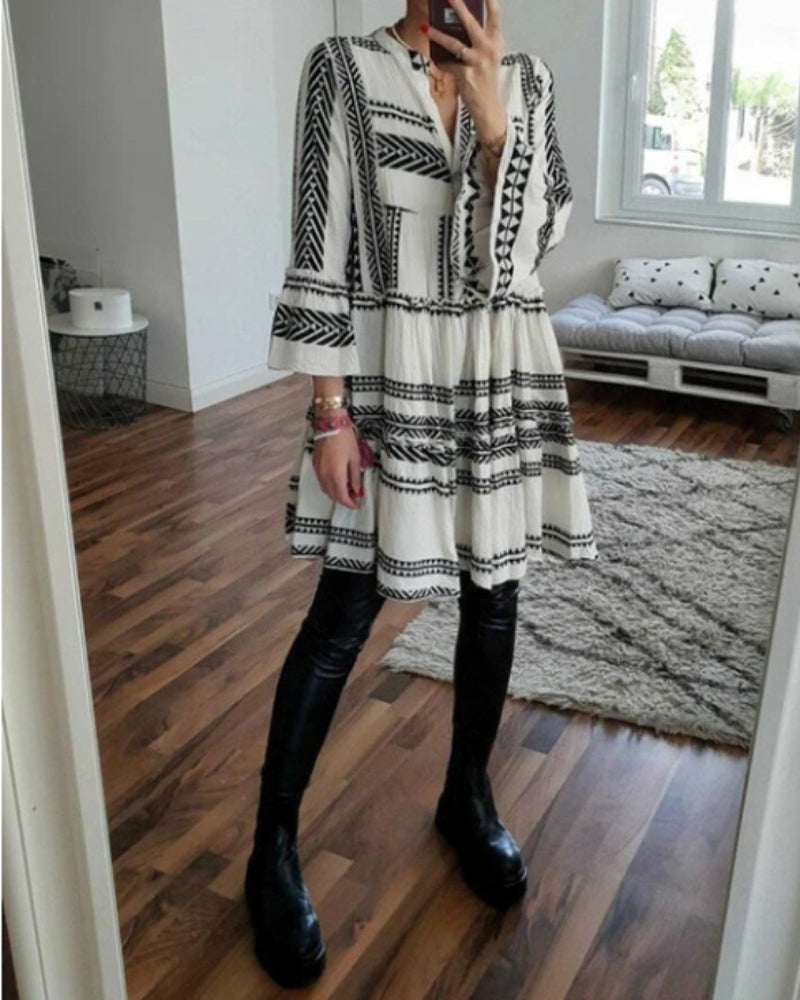 Geometric Print V-neck Dress