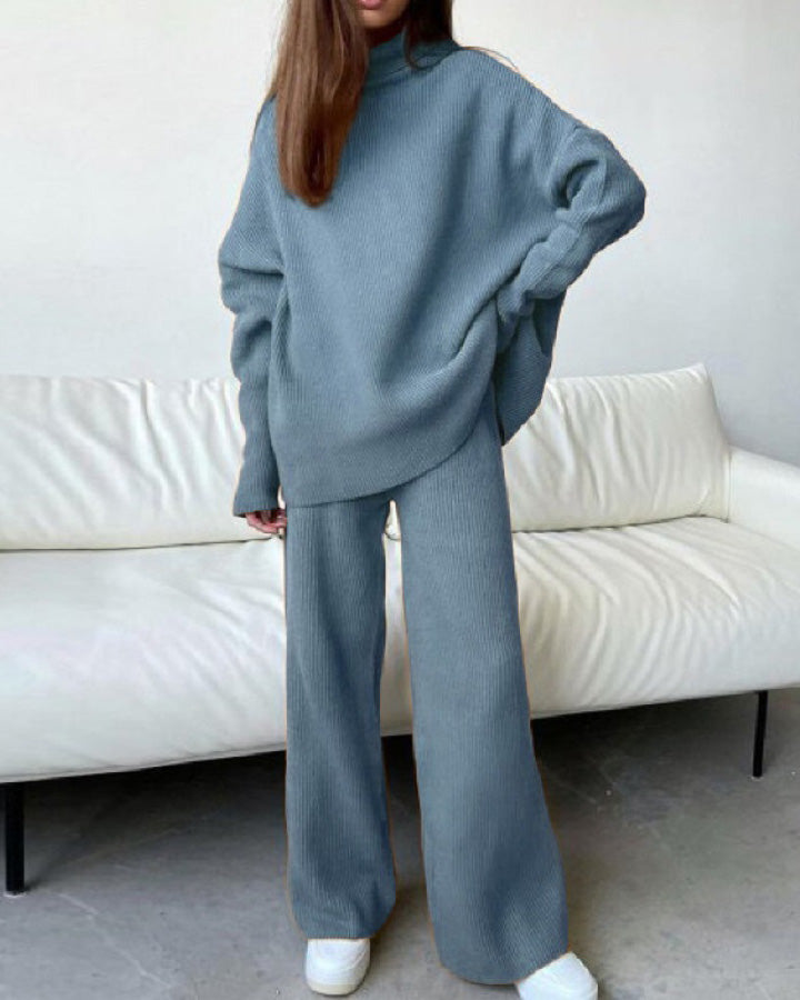 Knit solid color casual two-piece suit with high neck