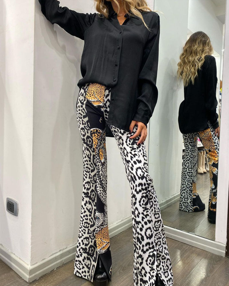 Lapel Long Sleeve Shirt Top & Printed Flared Pants Two Piece Set