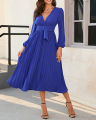 Long Sleeve Fitted Pleated Belt V-Neck Dress