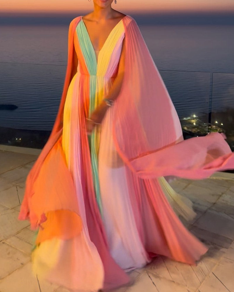 V-neck Colorful Colorblock Pleated Shawl Dress