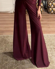 Solid Color Deep V Pleated High Waisted Wide Leg Jumpsuit