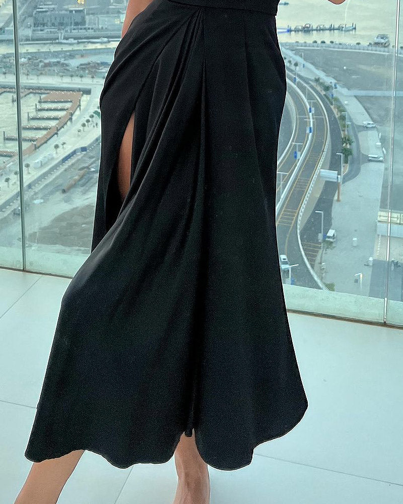 Solid Color Suspender Irregular Pleated Slit Dress