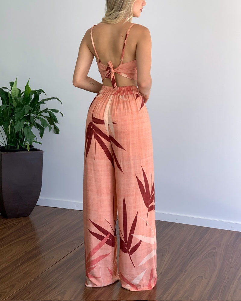 V-Neck Cropped Tank Top & Printed Wide-Leg Pants Two-Piece Set