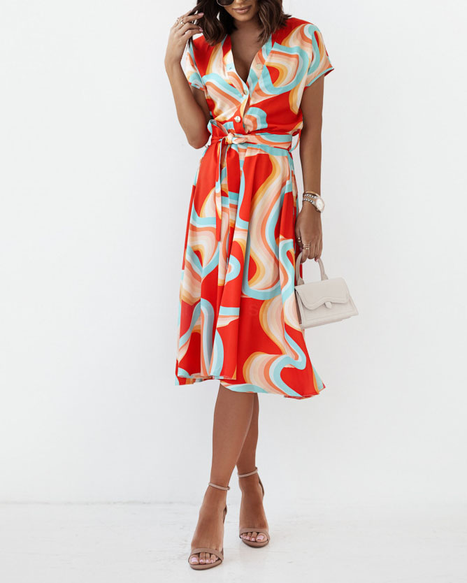 Fashion Print Short Sleeve V Neck Dress