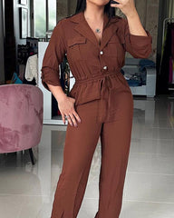 Solid Color Shirt Strapped Lantern Jumpsuit