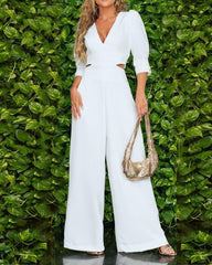 Puff Sleeve Cutout Solid Color Jumpsuit