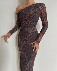 Leopard Print Bodycon One-shoulder Dress