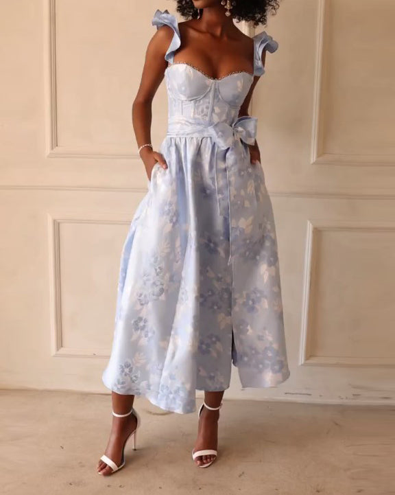 Butterfly sleeve printed waist dress