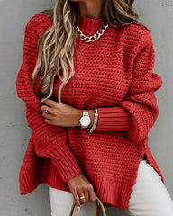 Loose solid color long-sleeved chunky side slit knitted sweater