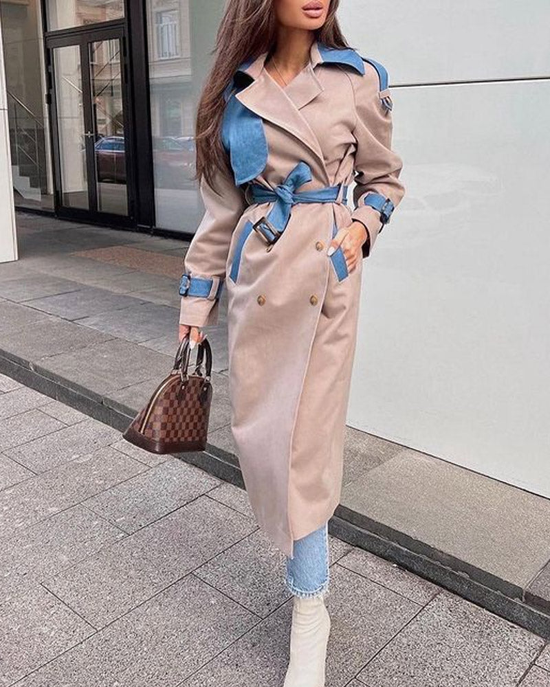 Solid Color Slim Fit Waisted Color Block Fashionable Coat