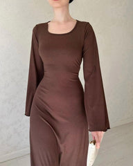 Solid Color Round Neck Knitted Bell Sleeve Slim Fit Dress