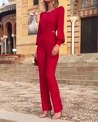 Round Neck Long Sleeve Solid Color Jumpsuit