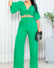 Mid-Sleeve V-Neck Top & Solid Pants Set