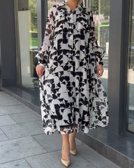 Fashion Casual Lapel Long Sleeve Print Dress