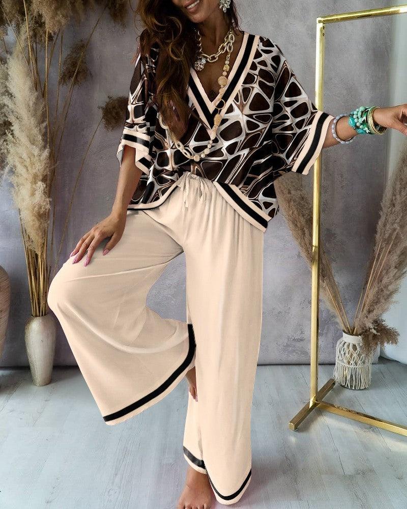 Casual Printed Top & Wide-leg Pants Set