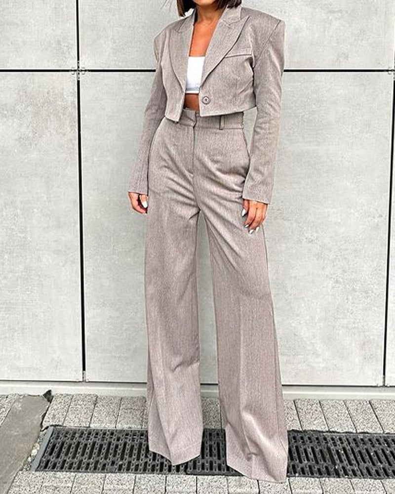 Solid Color Short Suit & High-waisted Wide-leg Suit Pants Two-piece Set