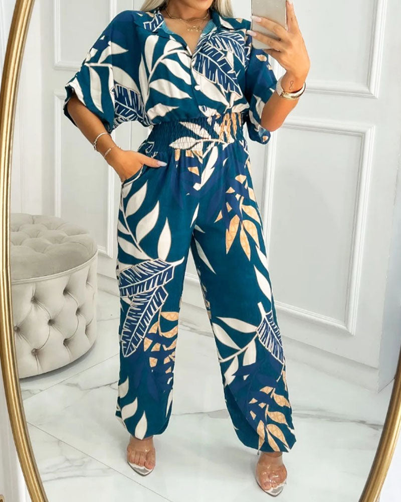 Shirt Collar Nipped Waist Print Jumpsuit