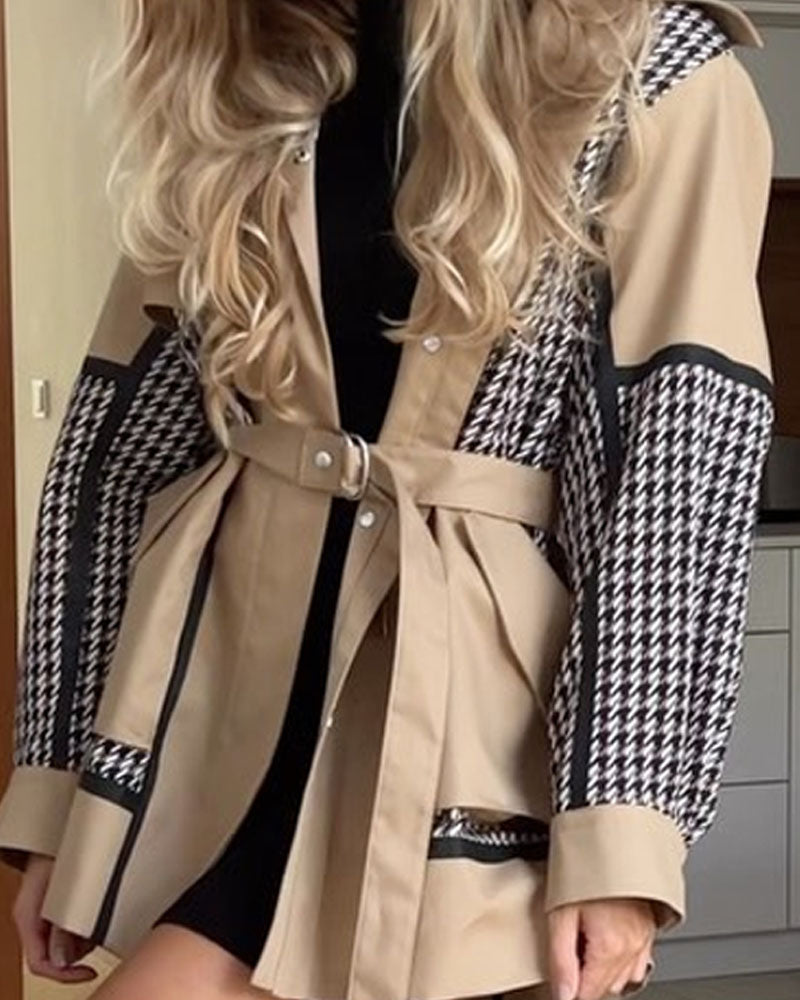 Fashionable Houndstooth Patchwork Windbreaker Jacket