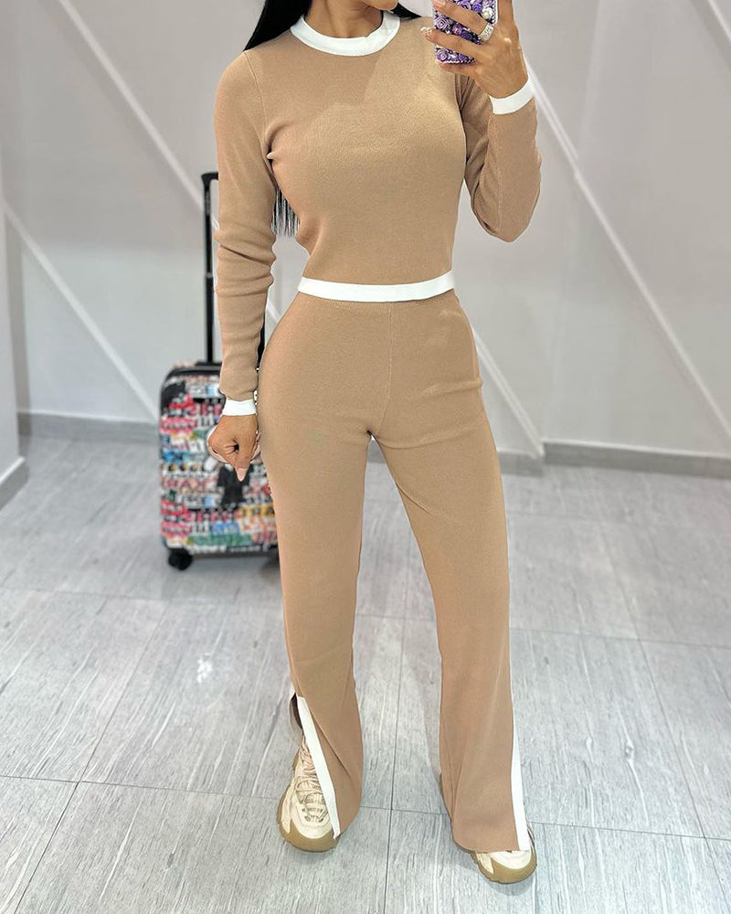 Round Neck Long Sleeve Patchwork Top and Pants Two-piece Suit