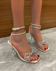 Glass tie bow rhinestone sandals