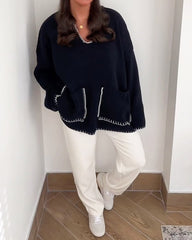 Solid Color Line Decoration V-neck Knitted Sweater