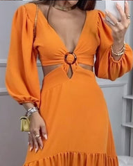 V-Neck Lantern Sleeve Leaky Waist Solid Color Dress