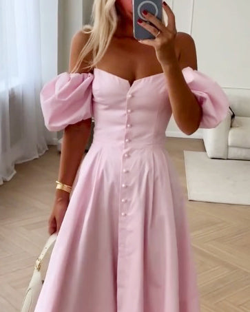 One shoulder puff sleeve solid color dress