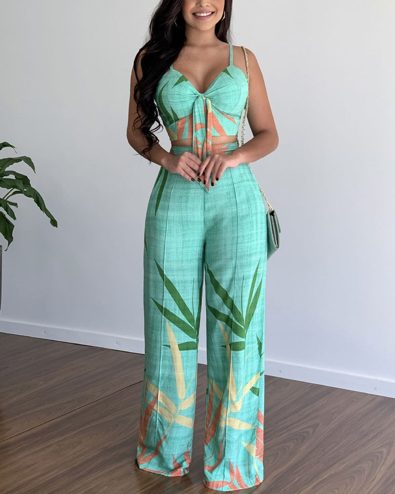 V-Neck Cropped Tank Top & Printed Wide-Leg Pants Two-Piece Set